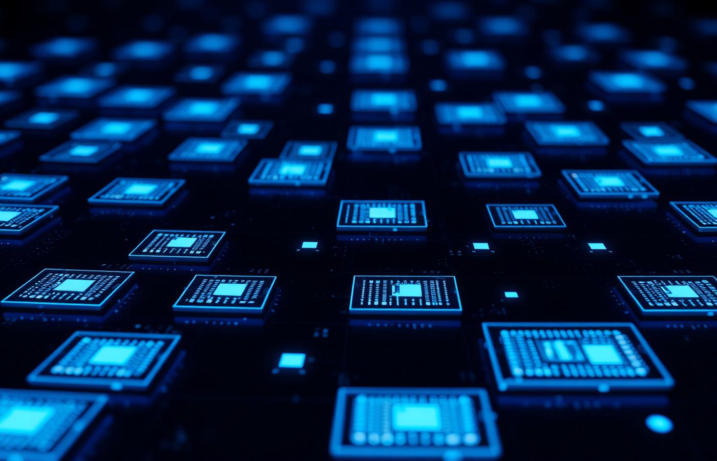 Grid of glowing blue managed endpoint devices representing a monitored device fleet
