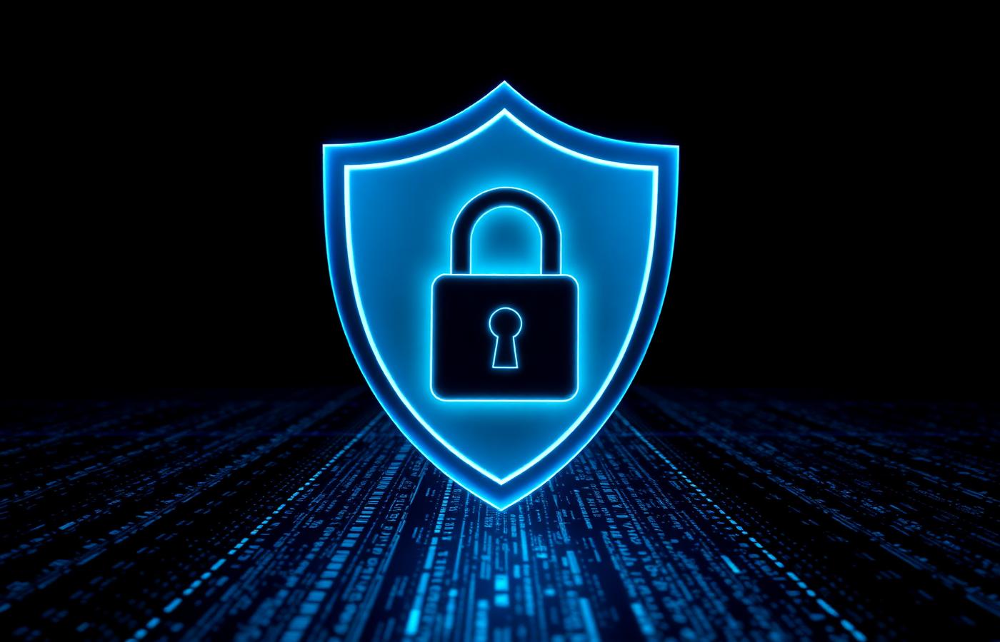 Glowing blue shield and padlock over a stream of encrypted data on a dark background